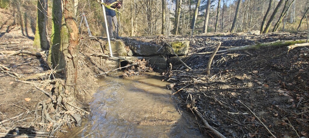 Small forest stream flowing through a restored culvert and erosion control area.