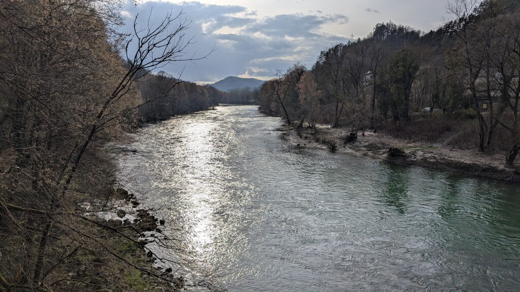 Middle Sava River flowing through a forested landscape in Slovenia.