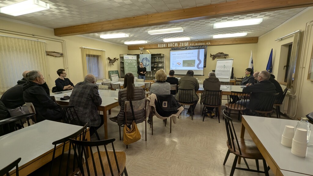 Stakeholder workshop in Radovljica, Slovenia, with participants discussing river restoration and connectivity in the Upper Sava.