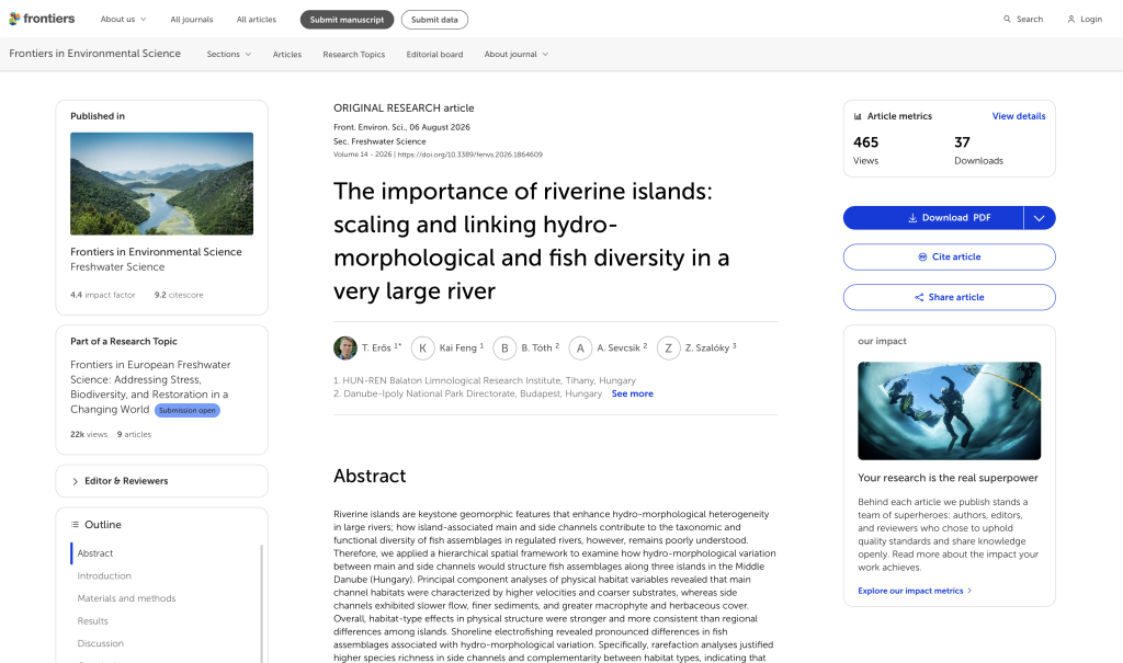 Screenshot of the Frontiers in Environmental Science article on riverine islands, hydro-morphological diversity and fish diversity in the Middle Danube.