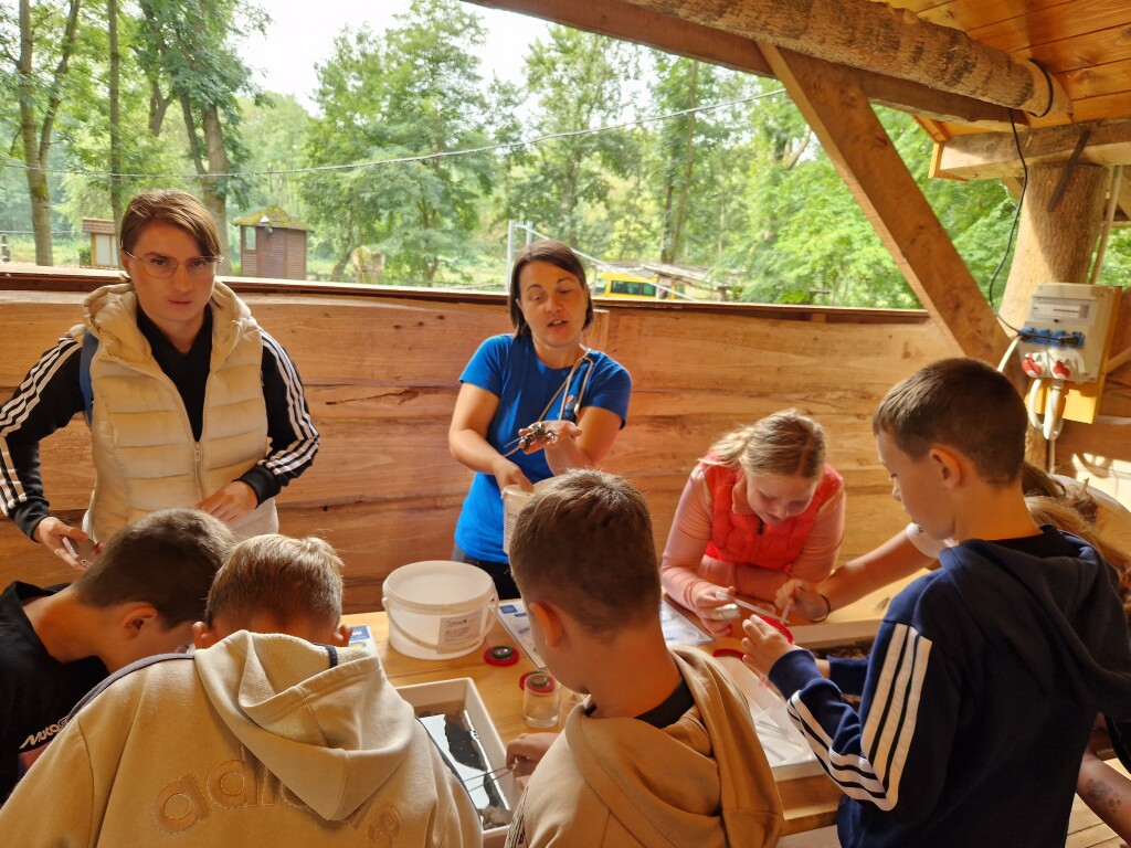 Children examine aquatic samples during an environmental education activity.