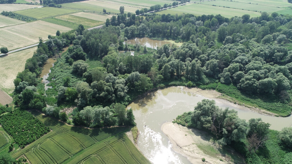 Aerial view of a natural river landscape surrounded by green vegetation.